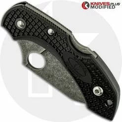 Spyderco Knives MODIFIED Spyderco Dragonfly 2 - Wharncliffe - Acid Stonewash - Regrind - Black Handle -Benchmade Knives Shop KP C28FPWCBK2 2 CLOSED FRONT LOGO