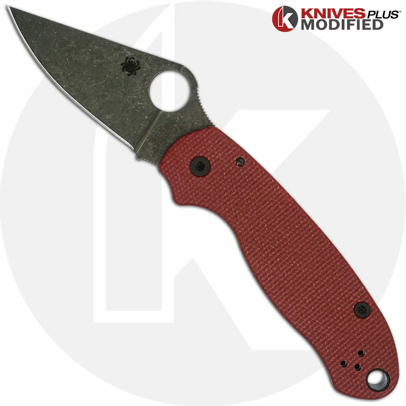 Spyderco Knives MODIFIED Spyderco Para 3 Knife With Acid Stonewash Blade + KP Red Linen Micarta Scales + All Black Hardware 1 Spyderco Knives MODIFIED Spyderco Para 3 Knife With Acid Stonewash Blade + KP Red Linen Micarta Scales + All Black Hardware